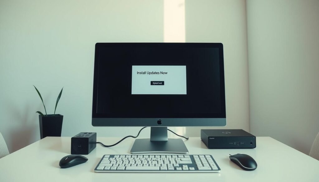 A modern desktop computer in a well-lit, minimalist office space. On the screen, a window prompts the user to "Install Updates Now". The device's peripherals, such as a sleek keyboard and a wireless mouse, are arranged neatly. The overall atmosphere is one of efficiency and organization, conveying the idea that software updates are a necessary, yet straightforward task to maintain one's devices. The lighting is soft, diffused, and natural, creating a calming and professional ambiance. The camera angle is slightly elevated, giving a bird's-eye view of the scene, emphasizing the simplicity and ease of the update process.