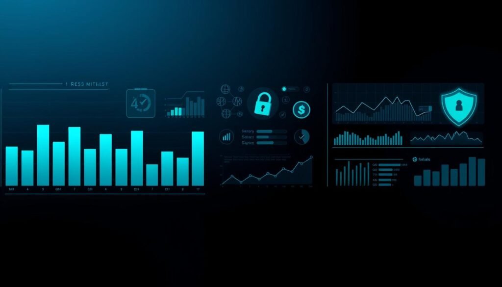 A modern, minimalist data visualization on a sleek, dark background. In the foreground, a series of stylized bar graphs and line charts in shades of blue and green, depicting the key financial metrics and cybersecurity data of small businesses. The middle ground features isometric icons and infographic elements, conveying themes of digital security, risk management, and data analytics. In the background, a subtle grid pattern or low-poly geometric shapes, creating a sense of structure and technology. The overall mood is serious yet elegant, striking a balance between the weight of the subject matter and a visually compelling, design-forward aesthetic. A modern, minimalist data visualization on a sleek, dark background. In the foreground, a series of stylized bar graphs and line charts in shades of blue and green, depicting the key financial metrics and cybersecurity data of small businesses. The middle ground features isometric icons and infographic elements, conveying themes of digital security, risk management, and data analytics. In the background, a subtle grid pattern or low-poly geometric shapes, creating a sense of structure and technology. The overall mood is serious yet elegant, striking a balance between the weight of the subject matter and a visually compelling, design-forward aesthetic.