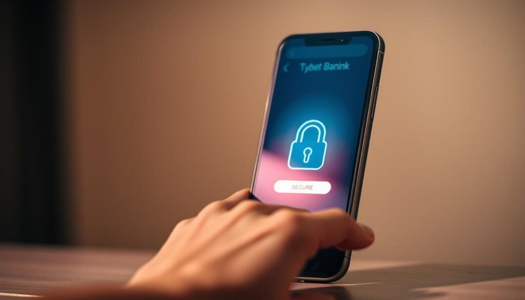 A modern mobile phone set against a softly blurred background, its screen prominently displaying a secure banking interface with a lock icon and padlock. The phone is backlit with a warm glow, creating a sense of digital safety and protection. In the foreground, a hand rests gently on the phone, suggesting the user's active engagement with mobile banking. The lighting is balanced, with subtle shadows accentuating the device's sleek design. The overall atmosphere conveys a feeling of trust, security, and the responsible management of one's financial affairs on the go.