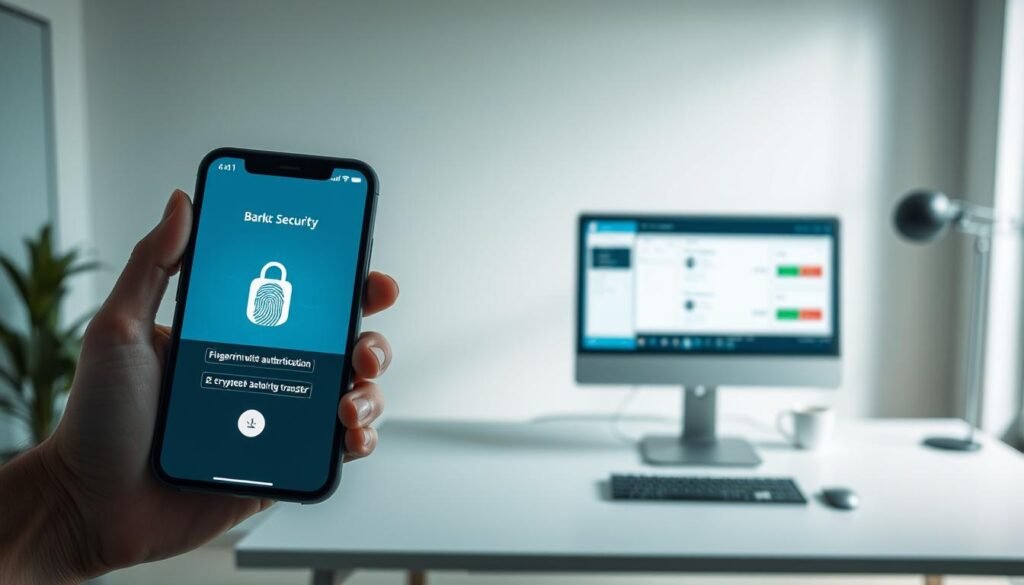 A modern office setting with a sleek, minimalist aesthetic. In the foreground, a smartphone is held in a person's hand, the screen displaying banking security features like fingerprint authentication, two-factor verification, and encrypted data transfer. The middle ground features a desktop computer, its monitor showing a secure banking interface with transaction history and account balances. The background is softly lit, with muted colors and clean lines, conveying a sense of technological sophistication and consumer trust. The overall mood is one of confidence, safety, and the seamless integration of mobile and digital banking.