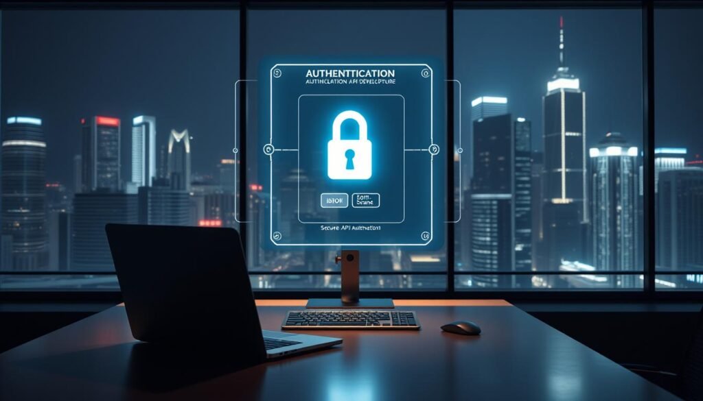 A modern office setting with an authentication process as the central focus. In the foreground, a sleek, minimalist computer workstation with a laptop and a keyboard, reflecting the clean and streamlined aesthetic of a secure API development environment. Midground features a holographic authentication interface, with biometric scanning and multi-factor options floating above the desk, symbolizing the advanced security measures in place. The background depicts a futuristic cityscape, with gleaming skyscrapers and a subtle neon glow, conveying the technological sophistication and digital nature of the API development landscape. The lighting is soft and indirect, creating a sense of depth and atmosphere. The overall mood is one of efficiency, security, and technological prowess.