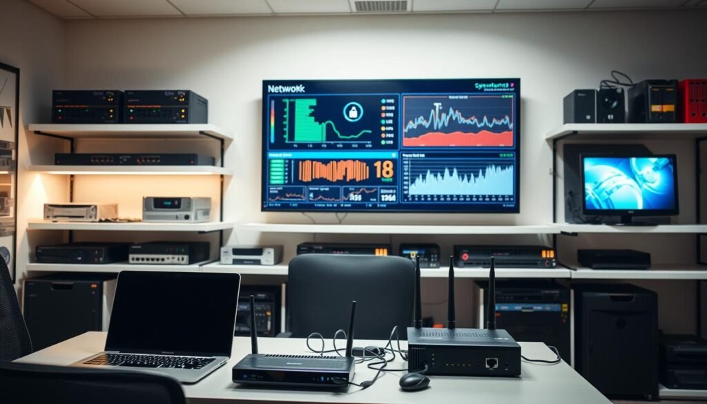A modern office workspace with a focus on network security. In the foreground, a desk with a laptop, router, and various networking devices. Behind it, a large wall-mounted monitor displays real-time network traffic and security analytics. In the background, shelves hold network hardware, including firewalls, switches, and backup drives. The lighting is bright and professional, with a clean, minimalist aesthetic. The scene conveys a sense of advanced, yet user-friendly network security solutions suitable for a small business. A modern office workspace with a focus on network security. In the foreground, a desk with a laptop, router, and various networking devices. Behind it, a large wall-mounted monitor displays real-time network traffic and security analytics. In the background, shelves hold network hardware, including firewalls, switches, and backup drives. The lighting is bright and professional, with a clean, minimalist aesthetic. The scene conveys a sense of advanced, yet user-friendly network security solutions suitable for a small business.