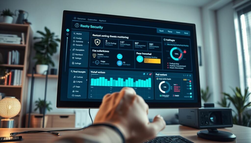 A modern, sleek desktop computer in a well-lit home office, its screen displaying a robust security dashboard with real-time threat monitoring, user authentication controls, and encrypted file management. In the foreground, a stylized, low-angle shot of a human hand interacting with the computer, conveying a sense of security, control, and technical expertise. The background is a softly blurred, minimalist workspace with bookshelves, potted plants, and subtle hints of technology, creating an atmosphere of professionalism and digital safeguarding.