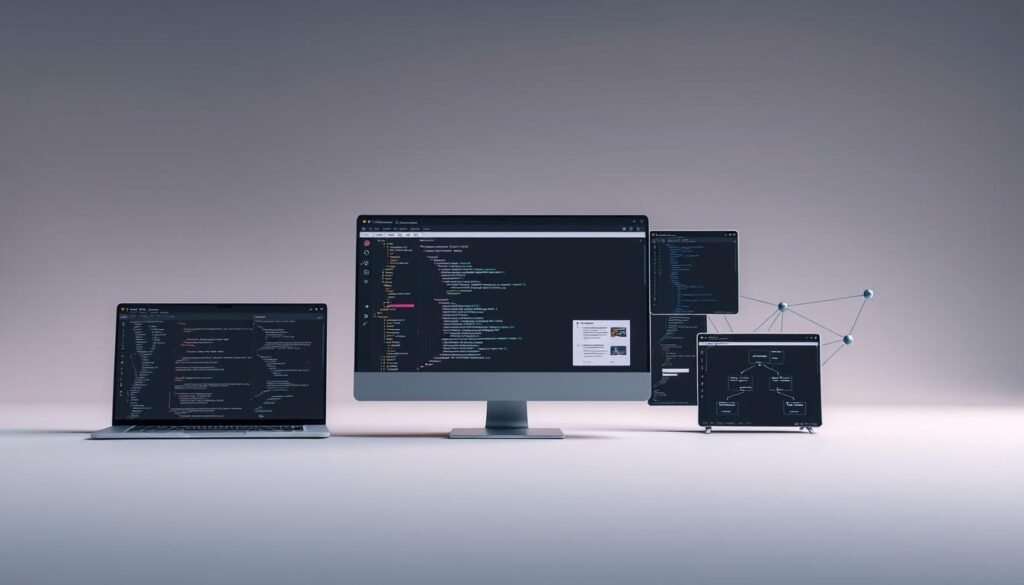 A modern web application with a sleek, minimalist interface. In the foreground, a series of interconnected windows and panels, each displaying various components and functionalities - a dashboard, a code editor, a terminal, and a network diagram. The background is a muted gradient, creating a sense of depth and focus on the application itself. The lighting is crisp and directional, casting subtle shadows and highlights that accentuate the application's three-dimensional elements. The overall mood is one of technical sophistication, hinting at the complexity and potential vulnerabilities that lie beneath the surface.