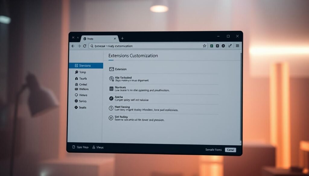 A modern web browser window displaying the extensions customization tabs, showcasing a clean and intuitive interface. The tabs are organized neatly, with clear icons and descriptive labels, allowing the user to easily navigate and configure their browser's additional functionality. The window is bathed in a soft, warm lighting, creating a welcoming and productive atmosphere. The composition is balanced, with the customization tabs taking center stage, framed by a subtle, blurred background that suggests a contemporary, minimal aesthetic. The overall scene conveys a sense of control, efficiency, and personalization, reflecting the flexible features and privacy-focused nature of the browser.