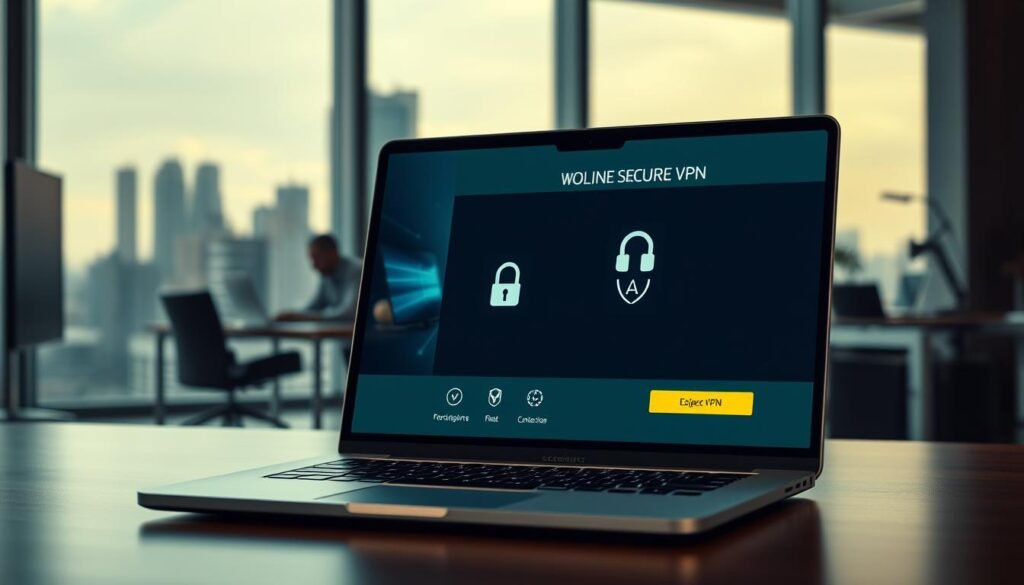 A modern, well-designed business VPN interface against a professional, corporate backdrop. In the foreground, a laptop screen displays a secure VPN connection, with intuitive controls and an elegant, minimalist design. In the middle ground, a businessman working at a desk, surrounded by office equipment and decor that convey a sense of productivity and efficiency. The background features a cityscape visible through large windows, creating a sense of a thriving, technology-driven business environment. The lighting is soft and indirect, with a warm, inviting tone that sets a tone of trustworthiness and reliability. The overall mood is one of professionalism, security, and technological sophistication.