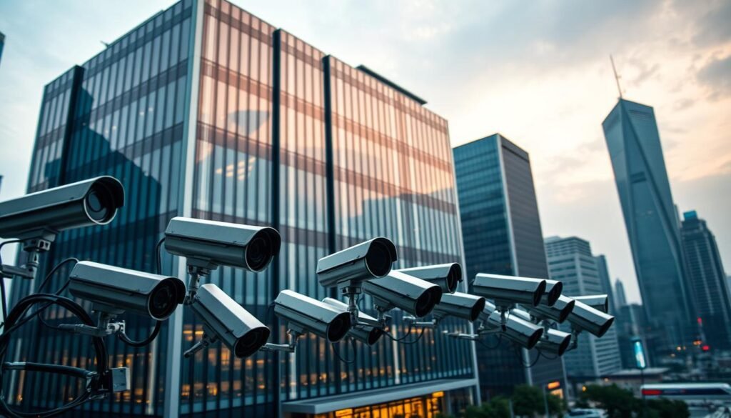 A modern, well-guarded corporate office building standing tall against a backdrop of a bustling cityscape. The facade is adorned with sleek, reflective glass panels and angular architectural elements, projecting an air of strength and security. In the foreground, an array of surveillance cameras and access control systems are strategically placed, their lenses and sensors vigilantly monitoring the premises. The lighting is a balance of warm, ambient tones and strategic, directional illumination, creating a sense of professionalism and attention to detail. The overall scene conveys a strong emphasis on safeguarding the company's assets, both physical and digital, against potential threats.