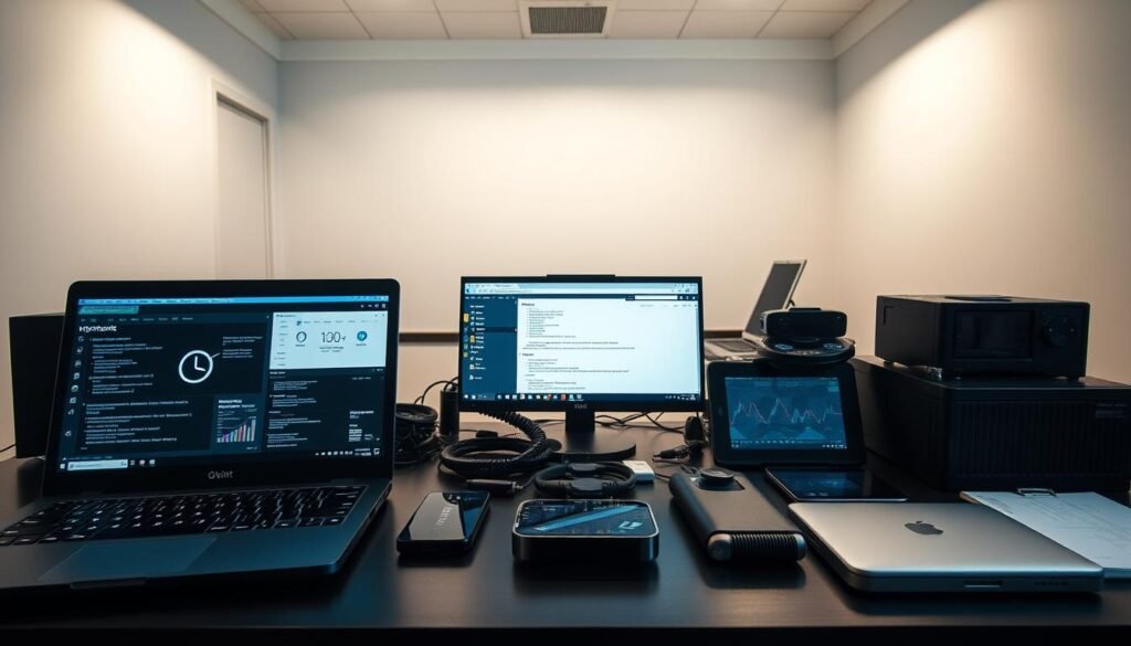 A neatly organized workstation with an array of OSINT tools and frameworks laid out on the desk. The foreground features an open laptop displaying various web interfaces and dashboards, with a magnifying glass icon prominently displayed. In the middle ground, a collection of gadgets and devices such as a smartphone, a tablet, and a portable hard drive are arranged in an orderly fashion. The background showcases a minimalist, well-lit office environment with clean lines and neutral tones, evoking a sense of focus and productivity. The overall scene conveys the efficient and methodical approach to gathering open-source intelligence, ready to uncover valuable insights without the need for intrusive network access.