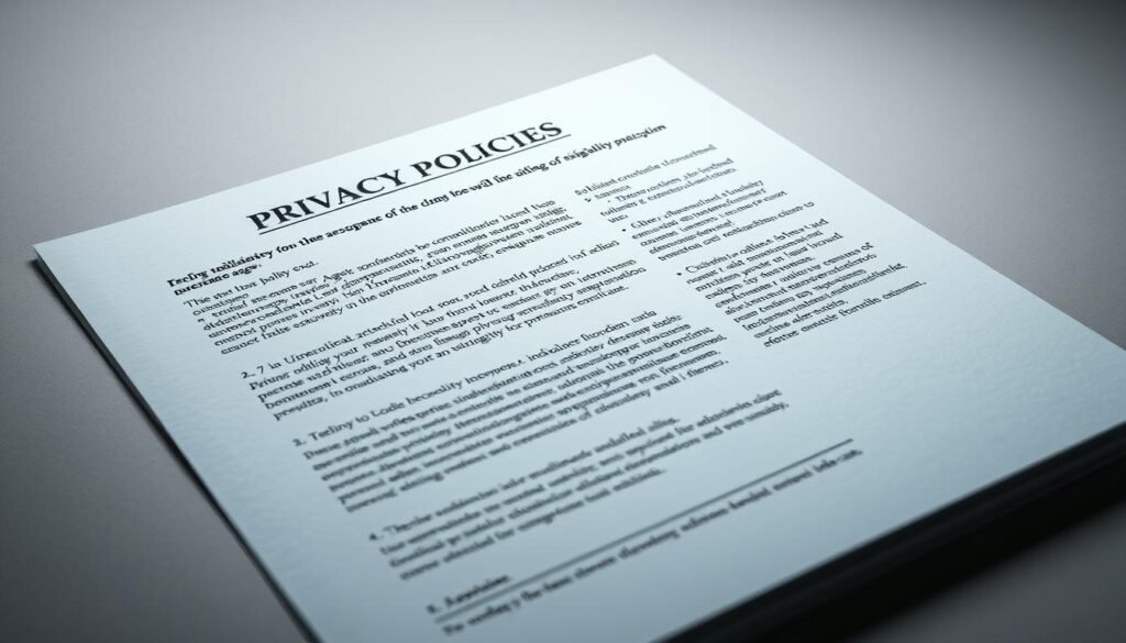 A pristine legal document, its pages radiating a sense of authority and transparency. The text, rendered in a clean, professional font, outlines the privacy policies with a meticulous attention to detail. The document is backlit by a soft, diffused light, casting a subtle glow that lends an air of legitimacy and trustworthiness. The background is a muted, neutral tone, allowing the privacy policy to take center stage, conveying the importance of maintaining the privacy and security of sensitive information in the digital age.
