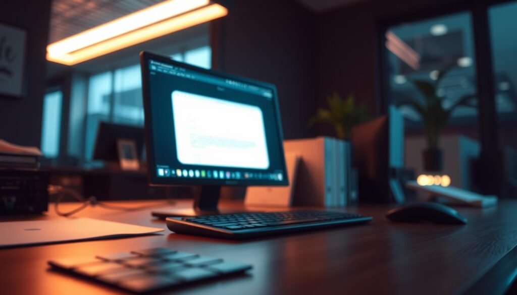 A pristine office desk, bathed in the soft glow of a computer monitor. A simple email, its subject line innocuous, sits open on the screen, a trap waiting to be sprung. In the foreground, a cursor hovers, poised to click, oblivious to the impending cybersecurity catastrophe. The scene is captured in a cinematic, high-contrast lighting, heightening the sense of tension and foreboding. The background is blurred, drawing the viewer's focus to the pivotal moment, where a single click could unleash a billion-dollar breach.