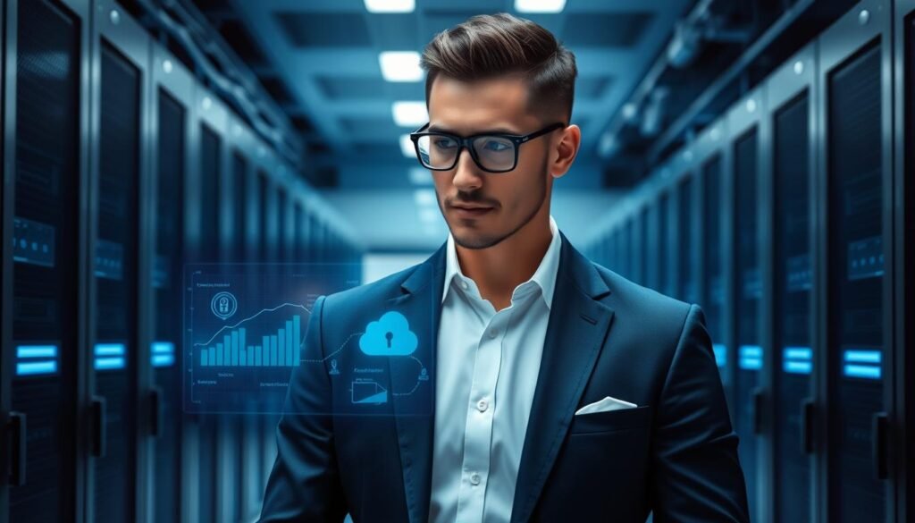 A professional Azure security engineer standing in a sleek, modern data center. They are wearing a sharp, navy blue blazer over a crisp white shirt, with a subtle Azure logo on the breast pocket. Their gaze is focused and determined as they examine a holographic display projecting cybersecurity analytics. The data center is bathed in cool, blue-tinted lighting, with rows of servers and networking equipment in the background. The engineer exudes a sense of expertise and authority, ready to tackle the latest cloud security challenges.