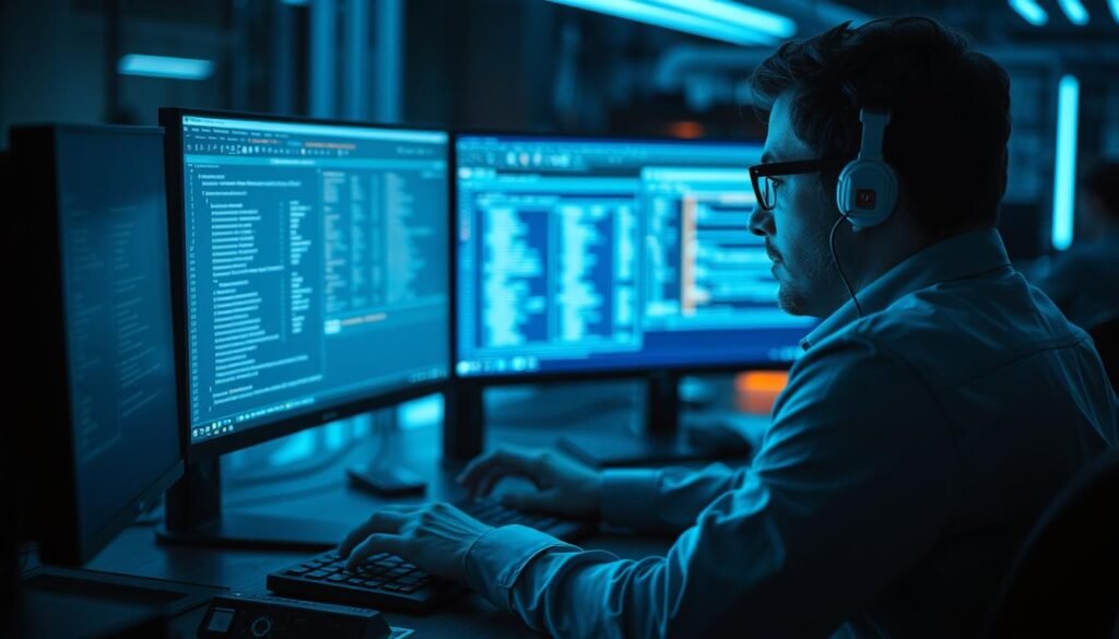 A professional IT specialist sitting at a desk, meticulously analyzing Azure security configurations on multiple high-resolution monitors. The scene is bathed in a cool, azure-tinted lighting, conveying the technical expertise and attention to detail required for the Azure Security Engineer Associate role. The focus is sharp, with a depth of field that blurs the background, emphasizing the subject's concentration. The overall mood is one of calm professionalism, reflecting the importance of maintaining robust cloud security measures.