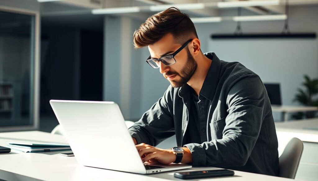 A professional, casually-dressed user sitting at a desk, focused intently on a laptop screen. The lighting is bright and natural, with soft shadows and highlights accentuating the user's features. The desk is clean and minimalist, with a few essential office supplies. The background is a modern, open-concept workspace, with clean lines and neutral tones that create a sense of focus and productivity. The user's expression conveys deep concentration, suggesting they are engaged in a task or activity that requires their full attention.