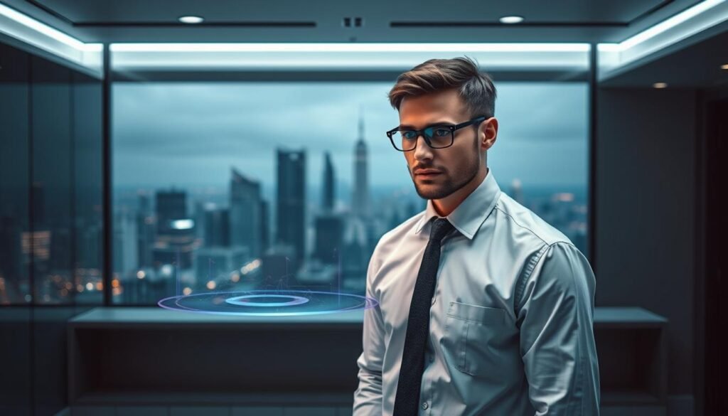 A professional cloud security engineer, standing confidently in a sleek, modern office environment. The foreground features the engineer, clad in a crisp button-down shirt and tie, intently focused on a holographic display hovering before them. Subtle lighting casts a soft, atmospheric glow, creating a sense of authority and technical expertise. In the middle ground, a panoramic window offers a vista of a bustling city skyline, reflecting the engineer's role in securing the cloud infrastructure that powers the digital landscape. The background is minimalist, allowing the subject to take center stage, conveying the precision and discipline required for a security-focused cloud computing role.
