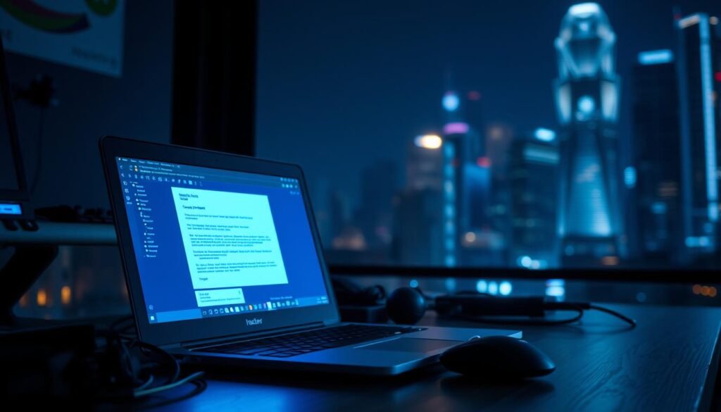 A professional hacker's workstation, dimly lit by a laptop screen's glow, casting an eerie blue tint over the scene. The desktop is cluttered with tools, cables, and a mouse cursor hovering over a phishing email template. In the background, a blurred cityscape with towering skyscrapers suggests the urban setting. The overall mood is one of focused intensity, hinting at the delicate balance between ethical and malicious use of social engineering techniques. A professional hacker's workstation, dimly lit by a laptop screen's glow, casting an eerie blue tint over the scene. The desktop is cluttered with tools, cables, and a mouse cursor hovering over a phishing email template. In the background, a blurred cityscape with towering skyscrapers suggests the urban setting. The overall mood is one of focused intensity, hinting at the delicate balance between ethical and malicious use of social engineering techniques.
