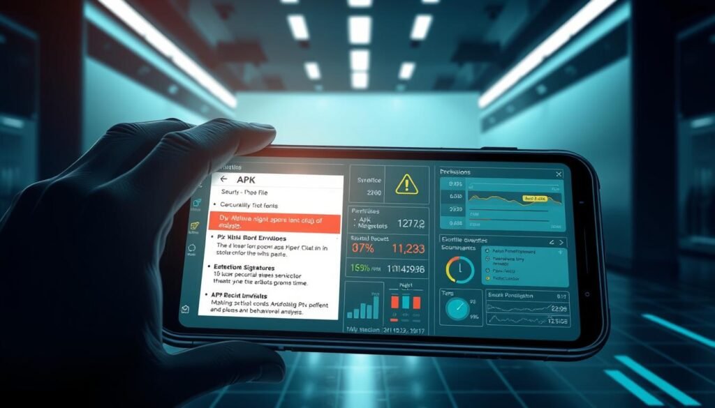 A professional, high-quality digital illustration of an Android phone screen displaying a detailed security analysis of an APK file. The foreground shows the phone screen with the APK file being carefully examined, highlighting potential security risks and malware indicators. The middle ground features various technical data and metrics about the APK, such as permissions, signatures, and behavioral analysis. The background depicts a sleek, minimalist environment with subtle lighting and depth of field, creating a sense of focus and professionalism. The overall mood is one of technical expertise, diligence, and concern for digital safety.