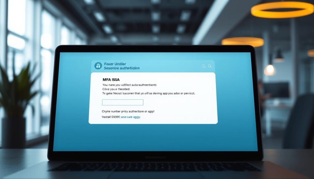A professional-looking email interface depicting a multi-factor authentication (MFA) prompt. The email is positioned in the foreground, with a clean and minimalist design. The background features a soft, blurred corporate office environment, conveying a sense of security and productivity. The MFA prompt is displayed prominently, with various input fields and authentication options, such as a phone number or authenticator app. The overall mood is one of modern, digital security, with a focus on protecting user accounts and identities.