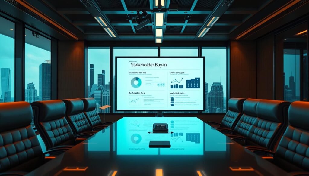 A professional-looking meeting room with a large conference table, plush leather chairs, and floor-to-ceiling windows overlooking a city skyline. On the table, a digital presentation screen displays a stakeholder buy-in page, with graphs, charts, and key talking points. The lighting is warm and inviting, creating a sense of productivity and collaboration. The camera angle is slightly elevated, giving the viewer a sense of authority and decision-making power. The overall mood is one of confidence, focus, and a shared commitment to the project at hand.