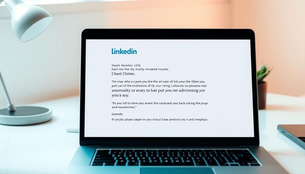A professional, well-composed LinkedIn message on a sleek, modern laptop screen. The message is thoughtfully crafted, with a warm, personalized greeting, a clear and concise explanation of the sender's background and value proposition, and a friendly, genuine tone. The laptop is set against a clean, minimalist desk with a few tasteful accessories, bathed in soft, diffused lighting that creates a polished, aspirational atmosphere. The overall scene conveys a sense of intentionality, professionalism, and human connection, reflecting the nuanced art of effective outreach. A professional, well-composed LinkedIn message on a sleek, modern laptop screen. The message is thoughtfully crafted, with a warm, personalized greeting, a clear and concise explanation of the sender's background and value proposition, and a friendly, genuine tone. The laptop is set against a clean, minimalist desk with a few tasteful accessories, bathed in soft, diffused lighting that creates a polished, aspirational atmosphere. The overall scene conveys a sense of intentionality, professionalism, and human connection, reflecting the nuanced art of effective outreach.