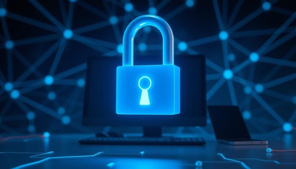 A secure VPN connection, symbolizing digital privacy and data protection. In the foreground, a lock icon with a keyhole, emitting a soft blue glow, indicating the encrypted nature of the connection. In the middle ground, a desktop computer and a mobile device, representing the different devices that can be protected by the VPN. The background features a network of lines and nodes, hinting at the complex infrastructure that enables the VPN's secure communication. The lighting is soft and atmospheric, creating a sense of trust and reliability. The angle is slightly elevated, suggesting the comprehensive coverage and protection offered by the VPN.