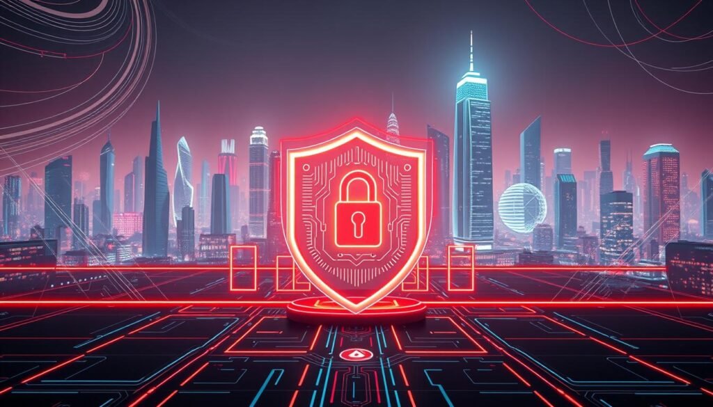A secure access point guarded by a digital shield, with a sleek and futuristic aesthetic. In the foreground, a glowing biometric lock stands as the primary authentication layer, surrounded by swirling data streams and abstract geometric patterns. The middle ground features a series of virtual access gates, their boundaries defined by pulsing neon lines that convey a sense of dynamic protection. In the background, a vast, three-dimensional cityscape of gleaming skyscrapers and interconnected networks sets the scene, illuminated by a warm, diffused lighting that creates a sense of depth and technological prowess.