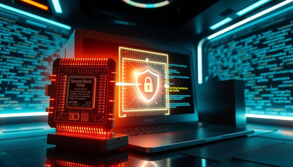 A secure and fortified Windows computer, with a glowing holographic display showcasing the secure boot process. In the foreground, a detailed 3D render of the Trusted Platform Module (TPM) chip, radiating with energy. In the middle ground, a shimmering virtual Virtualization-Based Security (VBS) and Hypervisor-Protected Code Integrity (HVCI) interface, projecting an impenetrable barrier around the system's core. The background features a sleek, high-tech environment, with lines of code cascading across the walls, conveying the advanced security measures at work. Dramatic lighting and cinematic camera angles emphasize the importance and power of these essential Windows safeguards. A secure and fortified Windows computer, with a glowing holographic display showcasing the secure boot process. In the foreground, a detailed 3D render of the Trusted Platform Module (TPM) chip, radiating with energy. In the middle ground, a shimmering virtual Virtualization-Based Security (VBS) and Hypervisor-Protected Code Integrity (HVCI) interface, projecting an impenetrable barrier around the system's core. The background features a sleek, high-tech environment, with lines of code cascading across the walls, conveying the advanced security measures at work. Dramatic lighting and cinematic camera angles emphasize the importance and power of these essential Windows safeguards.