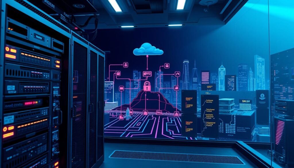 A secure and hardened computer system against cyber threats, with a sleek and modern design. In the foreground, a central server rack with advanced security features such as encrypted drives, tamper-evident seals, and redundant power supplies. In the middle ground, a network diagram showcasing secure connectivity, firewalls, and intrusion detection systems. In the background, a cityscape of skyscrapers representing the cloud infrastructure, all bathed in a cool, blue-toned lighting that evokes a sense of digital fortification. The overall atmosphere conveys a strong, resilient, and vigilant security posture, ready to withstand the most sophisticated attacks. A secure and hardened computer system against cyber threats, with a sleek and modern design. In the foreground, a central server rack with advanced security features such as encrypted drives, tamper-evident seals, and redundant power supplies. In the middle ground, a network diagram showcasing secure connectivity, firewalls, and intrusion detection systems. In the background, a cityscape of skyscrapers representing the cloud infrastructure, all bathed in a cool, blue-toned lighting that evokes a sense of digital fortification. The overall atmosphere conveys a strong, resilient, and vigilant security posture, ready to withstand the most sophisticated attacks.