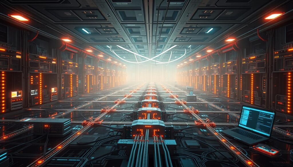 A secure and interconnected virtual network, with sleek and robust virtual switches creating isolated tenant environments. Soft glowing lights cast a warm hue, highlighting the complexity of the software-defined architecture. Intricate network diagrams and protocol visualizations adorn the background, radiating a sense of technical mastery. Streamlined interfaces and dynamic monitoring panels oversee the harmonious flow of data, ensuring the virtual fortress remains impenetrable. The scene exudes a balance of power and control, reflecting the diligence of the cloud engineer's efforts to harden this virtual domain. A secure and interconnected virtual network, with sleek and robust virtual switches creating isolated tenant environments. Soft glowing lights cast a warm hue, highlighting the complexity of the software-defined architecture. Intricate network diagrams and protocol visualizations adorn the background, radiating a sense of technical mastery. Streamlined interfaces and dynamic monitoring panels oversee the harmonious flow of data, ensuring the virtual fortress remains impenetrable. The scene exudes a balance of power and control, reflecting the diligence of the cloud engineer's efforts to harden this virtual domain.