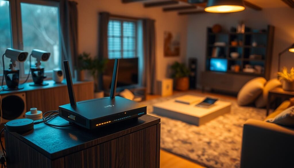 A secure and well-organized home network, illuminated by soft, warm lighting. In the foreground, a modern router sits atop a sturdy cabinet, its LED indicators softly glowing. Surrounding it, various IoT devices like smart speakers, security cameras, and home automation hubs are neatly arranged, each connected through clean, concealed cabling. The middle ground features a laptop and smartphone, representing users interacting with the network. The background showcases a cozy, inviting living space, hinting at the importance of network security in the modern connected home. The overall atmosphere conveys a sense of control, organization, and a proactive approach to safeguarding the home's digital infrastructure.