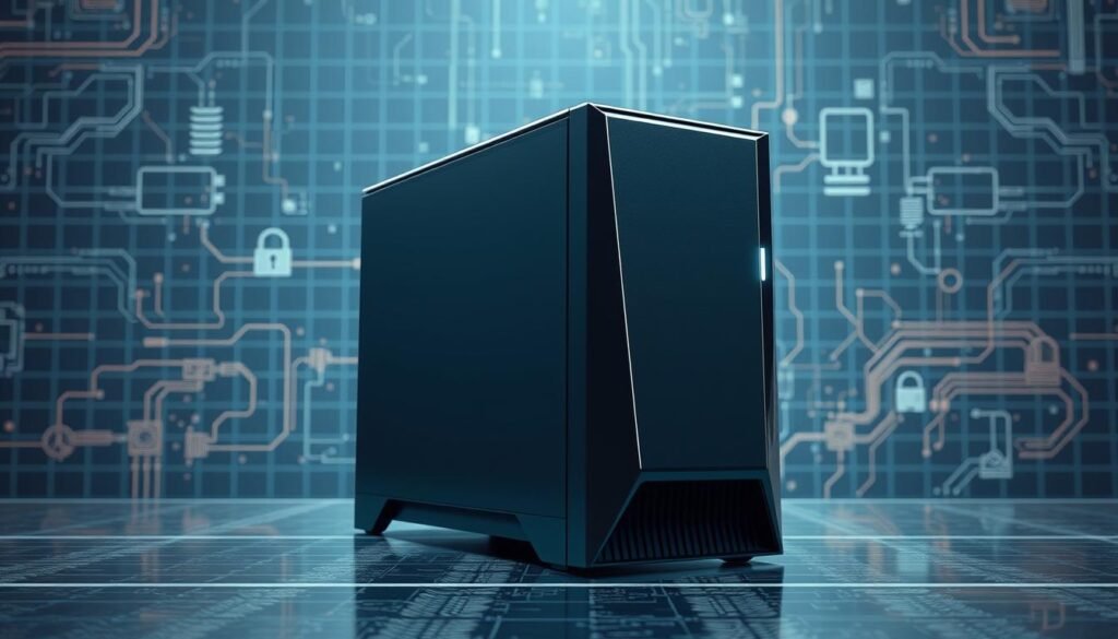 A secure boot system, with a sleek, modern desktop computer as the central focus. The device stands atop a metallic surface, its surface gleaming under crisp, directional lighting. In the background, a subtle grid of circuit board patterns and data flow visualizations set a technical, cyber-secure atmosphere. The computer's chassis features clean, angular lines, hinting at the robust security mechanisms within. A gentle glow emanates from the device, suggesting the active, vigilant nature of the secure boot process. The overall composition conveys a sense of reliability, protection, and technological sophistication - essential qualities for a critical security feature. A secure boot system, with a sleek, modern desktop computer as the central focus. The device stands atop a metallic surface, its surface gleaming under crisp, directional lighting. In the background, a subtle grid of circuit board patterns and data flow visualizations set a technical, cyber-secure atmosphere. The computer's chassis features clean, angular lines, hinting at the robust security mechanisms within. A gentle glow emanates from the device, suggesting the active, vigilant nature of the secure boot process. The overall composition conveys a sense of reliability, protection, and technological sophistication - essential qualities for a critical security feature.