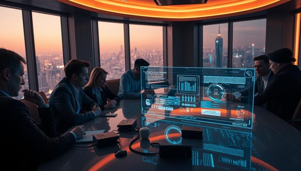 A secure communications hub, with stakeholders gathered around a sleek conference table. The room is illuminated by soft, indirect lighting, casting a warm and professional atmosphere. In the foreground, a holographic display projects sensitive data, guarded by advanced encryption protocols. Stakeholders lean in, engaged in earnest discussion, their expressions focused and determined. The middle ground features state-of-the-art communication devices, seamlessly integrated into the modern, minimalist decor. In the background, floor-to-ceiling windows offer a panoramic view of a bustling cityscape, underscoring the high-stakes nature of the proceedings. The overall impression is one of controlled power, technological sophistication, and collaborative problem-solving.