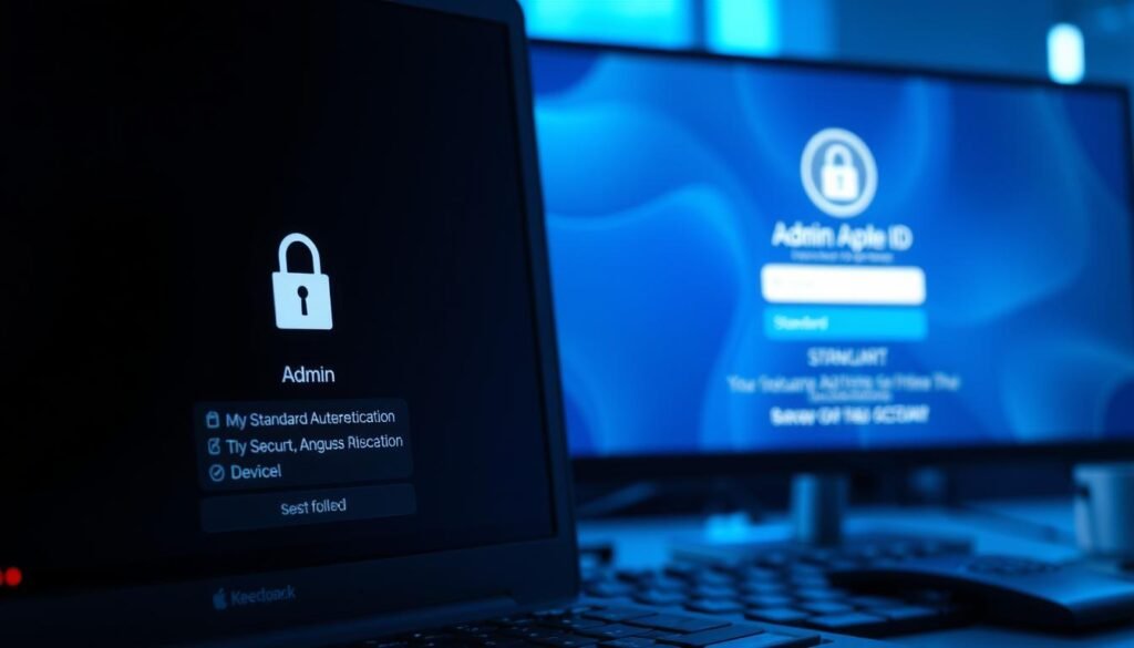 A secure computer workstation with an Admin user account and a separate Standard user account. The Admin account is highlighted in the foreground, with a lock icon and security features like two-factor authentication. The Standard account is in the middle ground, with a simpler interface and fewer administrative controls. In the background, an Apple ID login screen emphasizes the importance of a strong, unique password and privacy settings. The scene is bathed in cool, blue-tinted lighting, conveying a sense of digital security and privacy.