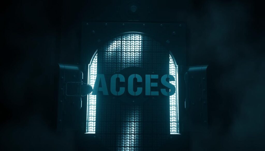 A secure digital fortress, with a sturdy metal door emblazoned with the word "ACCESS" in bold, industrial lettering. The door's surface is textured with a grid-like pattern, suggesting advanced locking mechanisms. Dramatic chiaroscuro lighting casts dramatic shadows, creating a sense of tension and importance. The background is shrouded in a hazy, atmospheric mist, emphasizing the door's central position and the gravitas of the moment. A faint glow emanates from behind the door, hinting at the protected resources within, accessible only to the worthy. The overall composition conveys a sense of power, control, and the critical importance of carefully guarded access. A secure digital fortress, with a sturdy metal door emblazoned with the word "ACCESS" in bold, industrial lettering. The door's surface is textured with a grid-like pattern, suggesting advanced locking mechanisms. Dramatic chiaroscuro lighting casts dramatic shadows, creating a sense of tension and importance. The background is shrouded in a hazy, atmospheric mist, emphasizing the door's central position and the gravitas of the moment. A faint glow emanates from behind the door, hinting at the protected resources within, accessible only to the worthy. The overall composition conveys a sense of power, control, and the critical importance of carefully guarded access.