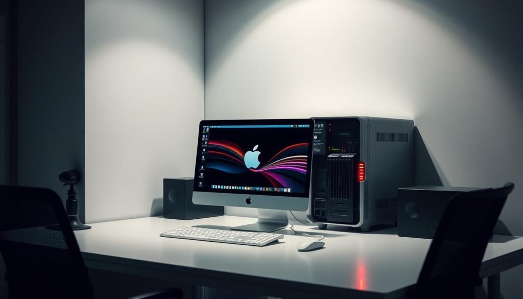 A secure hardware workstation situated in a sleek, minimalist office environment. The machine features a sturdy aluminum casing, glowing status indicators, and tamper-resistant ports. A high-resolution screen displays macOS in a clean, uncluttered interface. Soft, directional lighting illuminates the setup, creating an atmosphere of professionalism and attention to detail. The desk is clear of distractions, allowing the user to focus on the task at hand. Subtle shadows and reflections add depth and realism to the scene. The overall impression is one of a meticulously designed, high-security computing system tailored for the discerning Mac user.
