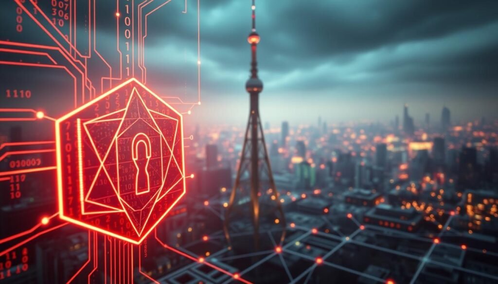 A secure network connection with binary data streams and encryption protocols flowing through the digital landscape. In the foreground, a complex cryptographic algorithm manifests as an intricate geometric shape, its facets pulsing with a subtle glow. In the middle ground, a towering network tower stands sentinel, its sleek design radiating an aura of technological prowess. The background is a dreamscape of interconnected nodes and pathways, hinting at the vast, interconnected nature of the digital world. Soft, directional lighting casts dramatic shadows, emphasizing the sense of depth and the importance of the encryption process. The overall tone is one of digital sophistication, highlighting the necessity of robust encryption for modern internet users seeking privacy and security. A secure network connection with binary data streams and encryption protocols flowing through the digital landscape. In the foreground, a complex cryptographic algorithm manifests as an intricate geometric shape, its facets pulsing with a subtle glow. In the middle ground, a towering network tower stands sentinel, its sleek design radiating an aura of technological prowess. The background is a dreamscape of interconnected nodes and pathways, hinting at the vast, interconnected nature of the digital world. Soft, directional lighting casts dramatic shadows, emphasizing the sense of depth and the importance of the encryption process. The overall tone is one of digital sophistication, highlighting the necessity of robust encryption for modern internet users seeking privacy and security.