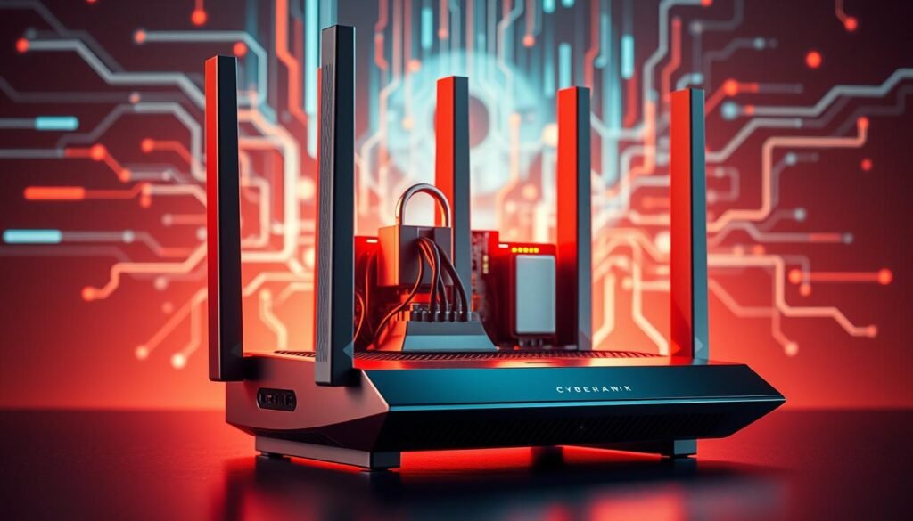 A secure router standing tall, its sleek metallic chassis gleaming under warm studio lighting. The device's intricate internal components visible through transparent panels, showcasing its advanced networking capabilities. In the background, a stylized visualization of data packets flowing seamlessly through the router, representing its vital role in safeguarding the connected devices. The overall scene conveys a sense of technological sophistication and robust security, underscoring the importance of properly hardening this critical gateway to one's home network. A secure router standing tall, its sleek metallic chassis gleaming under warm studio lighting. The device's intricate internal components visible through transparent panels, showcasing its advanced networking capabilities. In the background, a stylized visualization of data packets flowing seamlessly through the router, representing its vital role in safeguarding the connected devices. The overall scene conveys a sense of technological sophistication and robust security, underscoring the importance of properly hardening this critical gateway to one's home network.