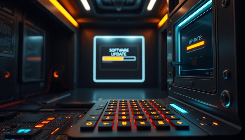 A secure software update scene with a glowing digital keypad, futuristic interface, and a sleek, metallic enclosure. The foreground features intricate circuitry and a biometric scanner, hinting at advanced security measures. In the middle ground, a virtual progress bar indicates the update's status, surrounded by a minimalist, high-tech aesthetic. The background evokes a dimly lit, controlled environment, emphasizing the importance of the update process. Warm, subtle lighting casts a sense of precision and reliability, while the camera angle suggests an authoritative, close-up perspective.