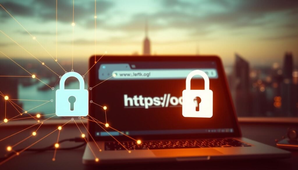 A secure website with HTTPS enforcement, illuminated by soft, warm lighting that casts a comforting glow. In the foreground, a padlock icon symbolizes the encrypted connection, surrounded by intricate lines and geometric patterns representing the underlying cryptographic protocols. In the middle ground, a laptop screen displays a website address starting with "https://" to emphasize the secure communication. The background features a serene, blurred cityscape, suggesting the wide-reaching impact of HTTPS on the broader internet landscape.