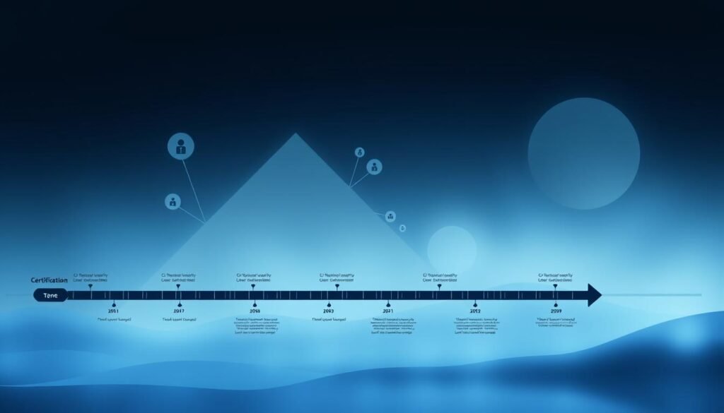 A security timeline depicted with a modern, minimalist style. In the foreground, a timeline graph with distinct milestones and progress bars, visualizing the incremental steps towards achieving cyber security certifications. The middle ground features abstract geometric shapes and patterns, suggesting the interconnected nature of security concepts. In the background, a soft, gradient-based landscape with subtle lighting, creating a calm and contemplative atmosphere. The overall composition conveys the importance of systematic planning and dedication required to build a successful career in the cybersecurity field.