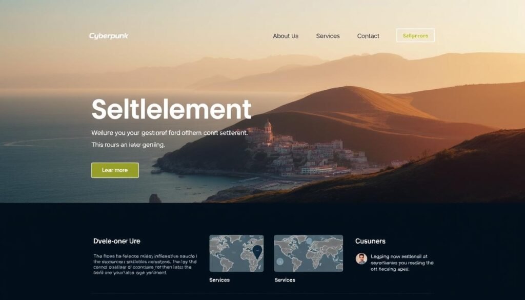 A serene and secure settlement website, showcasing a modern yet minimalist design. The layout features a large hero image of a scenic coastal town, with pastel-hued buildings nestled among rolling hills. In the foreground, a sleek navigation menu invites visitors to explore various sections, including "About Us", "Services", and "Contact". The middle ground depicts subtle animations, such as an interactive map or a slideshow of customer testimonials. The background is bathed in warm, natural lighting, creating a sense of calm and trustworthiness. The overall atmosphere conveys a secure and reliable online presence, perfect for a settlement-focused website.