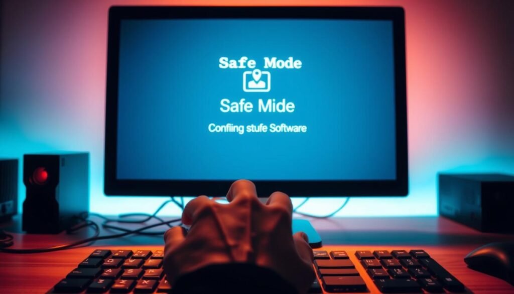 A serene desktop scene featuring a computer monitor displaying the iconic "Safe Mode" interface, conveying a sense of troubleshooting and problem-solving. The monitor is backlit by a soft, warm glow, creating a calming atmosphere. In the foreground, a hand hovers over the keyboard, ready to navigate the Safe Mode environment and diagnose any software conflicts or system issues. The background is subtly blurred, keeping the focus on the central computer screen and the user's actions. The overall mood is one of focus, problem-solving, and a methodical approach to resolving technical challenges.