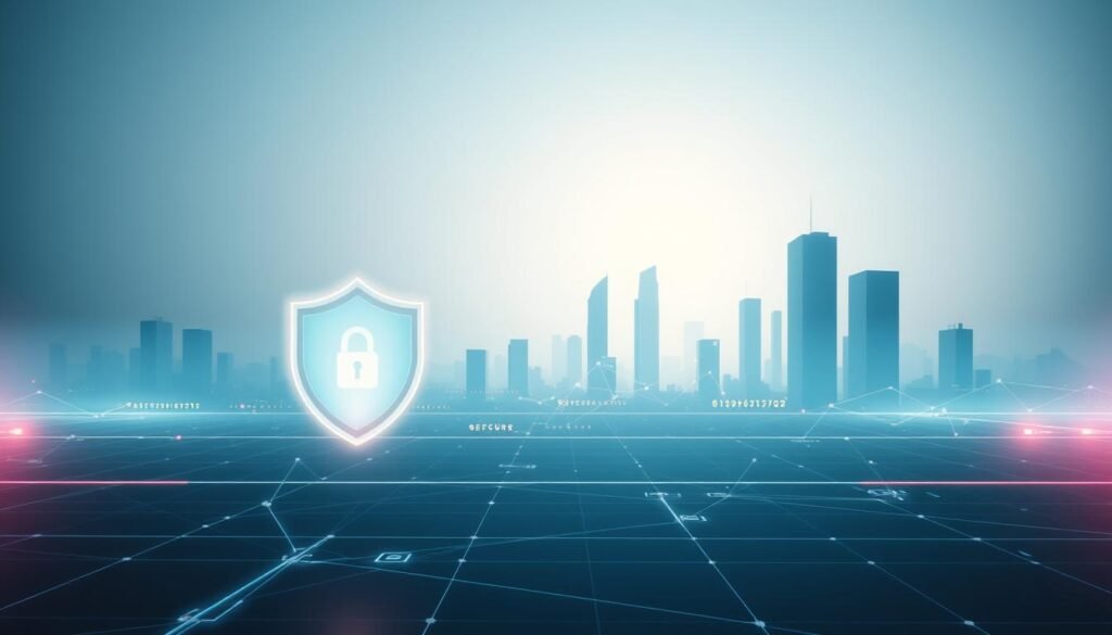 A serene digital landscape with abstract geometric shapes and symbols representing privacy safeguards. In the foreground, a translucent shield-like shape hovers, casting a soft glow. In the middle ground, interlocking polygons and lines create a sense of interconnected security systems. The background features a minimalist cityscape with sleek, modern buildings bathed in cool, muted tones. Subtle ambient lighting illuminates the scene, conveying a sense of technological sophistication and data protection. The overall mood is one of advanced, discreet security measures safeguarding digital privacy.