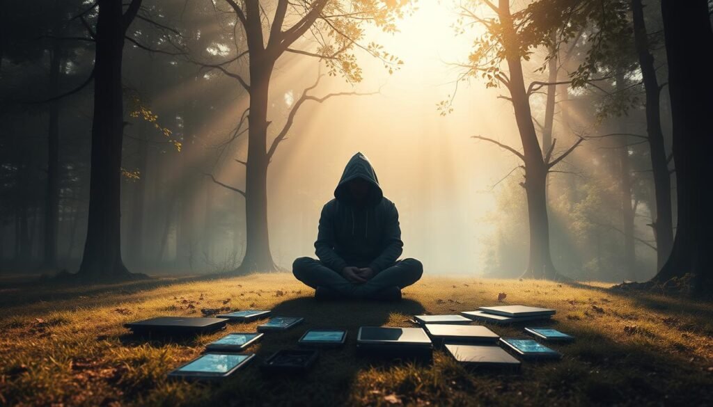 A serene, hazy forest glade, with sunlight filtering through the canopy, casting a warm, mellow glow. In the foreground, a lone figure sits cross-legged, their features obscured by a hooded cloak, symbolizing the pursuit of privacy and solitude. The middle ground reveals a scattered array of digital devices - smartphones, tablets, and laptops - representing the ubiquity of technology and the constant temptation to share personal information. The background fades into a misty, indistinct realm, hinting at the unseen forces that seek to infiltrate our private lives. The overall atmosphere conveys a sense of tranquility, introspection, and the fragility of our digital privacy. A serene, hazy forest glade, with sunlight filtering through the canopy, casting a warm, mellow glow. In the foreground, a lone figure sits cross-legged, their features obscured by a hooded cloak, symbolizing the pursuit of privacy and solitude. The middle ground reveals a scattered array of digital devices - smartphones, tablets, and laptops - representing the ubiquity of technology and the constant temptation to share personal information. The background fades into a misty, indistinct realm, hinting at the unseen forces that seek to infiltrate our private lives. The overall atmosphere conveys a sense of tranquility, introspection, and the fragility of our digital privacy.