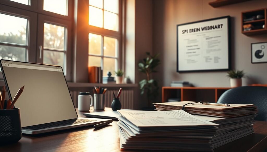 A serene home office setting with a laptop, open notebook, and various office supplies. The walls are adorned with a minimalist webinar-themed artwork, evoking a sense of productivity and learning. Warm, natural lighting filters through large windows, casting a soft glow over the scene. In the foreground, a stack of certificates symbolizes the free continuing professional education (CPE) credits earned through webinars. The overall atmosphere is one of focused, yet relaxed, self-improvement.