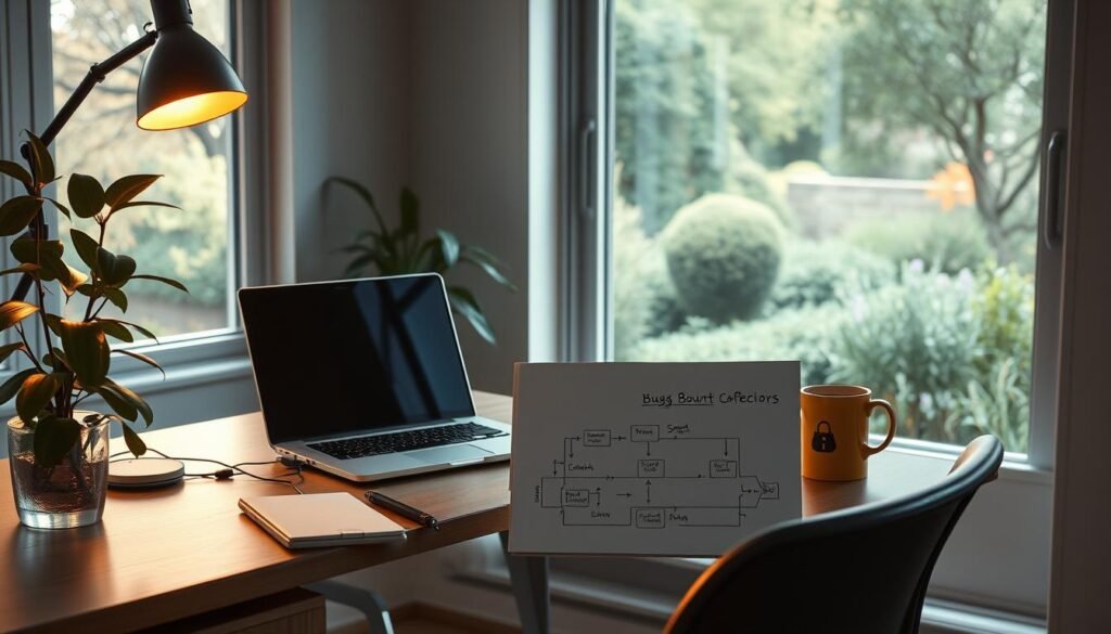 A serene home office workspace with a minimalist desk, ergonomic chair, and a large window overlooking a peaceful garden. On the desk, a laptop and a sketchpad with a simple workflow diagram, representing the process of learning from bug bounty reports. Soft, natural lighting filters in through the window, casting a warm, productive atmosphere. The workflow steps are visually mapped out in a clean, intuitive layout, inviting the viewer to follow along. An inspirational houseplant and a mug of steaming coffee complete the scene, conveying a sense of focus and creativity. A serene home office workspace with a minimalist desk, ergonomic chair, and a large window overlooking a peaceful garden. On the desk, a laptop and a sketchpad with a simple workflow diagram, representing the process of learning from bug bounty reports. Soft, natural lighting filters in through the window, casting a warm, productive atmosphere. The workflow steps are visually mapped out in a clean, intuitive layout, inviting the viewer to follow along. An inspirational houseplant and a mug of steaming coffee complete the scene, conveying a sense of focus and creativity.