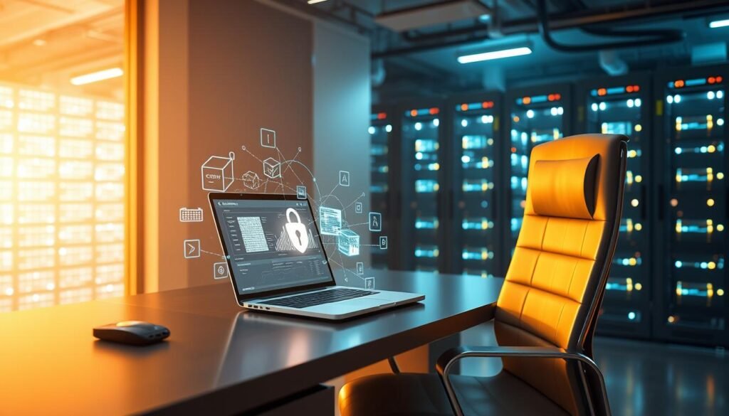 A serene office environment with a sleek, modern desk and chair. On the desktop, a laptop displays a secure data dashboard, surrounded by glowing data cubes and holographic representations of encrypted information. Soft, indirect lighting casts a warm glow, creating an atmosphere of trust and reliability. In the background, a towering data center with blinking lights and cooling fans, symbolizing the robust infrastructure underlying data protection. The scene conveys a sense of professionalism, security, and technological mastery in the practice of safeguarding sensitive information.