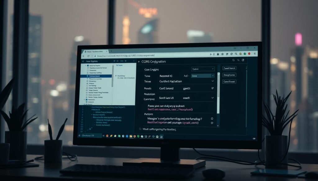 A serene office scene with a modern desktop computer prominently displayed. The screen shows a web browser window with a CORS configuration panel in the foreground, illustrating the complexity of managing cross-origin security settings. Soft, diffused lighting casts a warm glow across the setup, creating a sense of thoughtfulness and focus. The background features a blurred cityscape, hinting at the wider web ecosystem where CORS issues can arise. The overall mood is one of problem-solving, with the CORS configuration panel serving as the central point of interest, guiding the viewer's attention to the subject at hand.