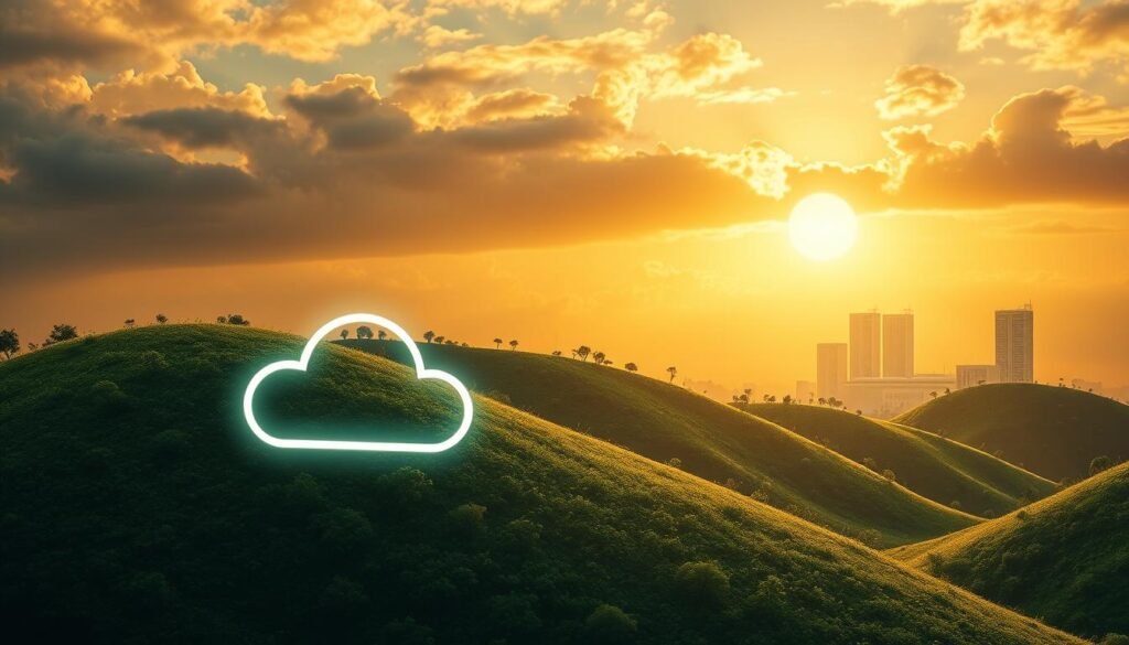 A serene, vendor-neutral cloud security landscape. In the foreground, a sleek, minimalist cloud icon floats, its edges softly glowing. Behind it, a rolling hillside of binary code cascades, digital trees and streams of data weaving a tranquil tapestry. The sky above is bathed in a warm, golden light, casting a peaceful ambiance. In the distance, towering data centers loom, their architectural lines clean and modern. The overall scene conveys a sense of harmony, where diverse cloud technologies coexist in a secure, vendor-agnostic environment.