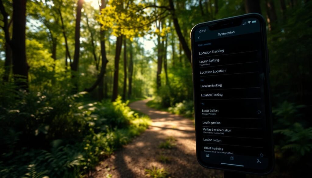 A serene, wooded landscape with a winding path leading through lush greenery. Dappled sunlight filters through the canopy, casting a warm, natural glow over the scene. In the foreground, a smartphone is prominently displayed, its screen showing a location tracking interface with various settings and options. The background features a tranquil forest setting, with tall trees, bushes, and ferns creating a sense of privacy and seclusion. The overall mood is one of serenity and control, conveying the idea of securing one's digital privacy and limiting location tracking. A serene, wooded landscape with a winding path leading through lush greenery. Dappled sunlight filters through the canopy, casting a warm, natural glow over the scene. In the foreground, a smartphone is prominently displayed, its screen showing a location tracking interface with various settings and options. The background features a tranquil forest setting, with tall trees, bushes, and ferns creating a sense of privacy and seclusion. The overall mood is one of serenity and control, conveying the idea of securing one's digital privacy and limiting location tracking.