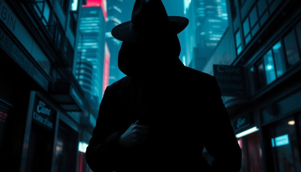 A shadowy figure cloaked in a black trenchcoat, their face obscured by a low-brimmed hat, stands amidst a dimly lit urban backdrop. Neon-tinged alleyways and towering skyscrapers loom in the background, creating a sense of unease and mystery. The agent's hands are tucked into their coat, concealing any tools or devices they might be carrying, suggesting a subtle but calculated menace. The scene is bathed in a cool, bluish tone, evoking the clandestine nature of espionage operations. Dramatic chiaroscuro lighting accentuates the agent's silhouette, lending an air of tension and high-stakes intrigue to the composition.